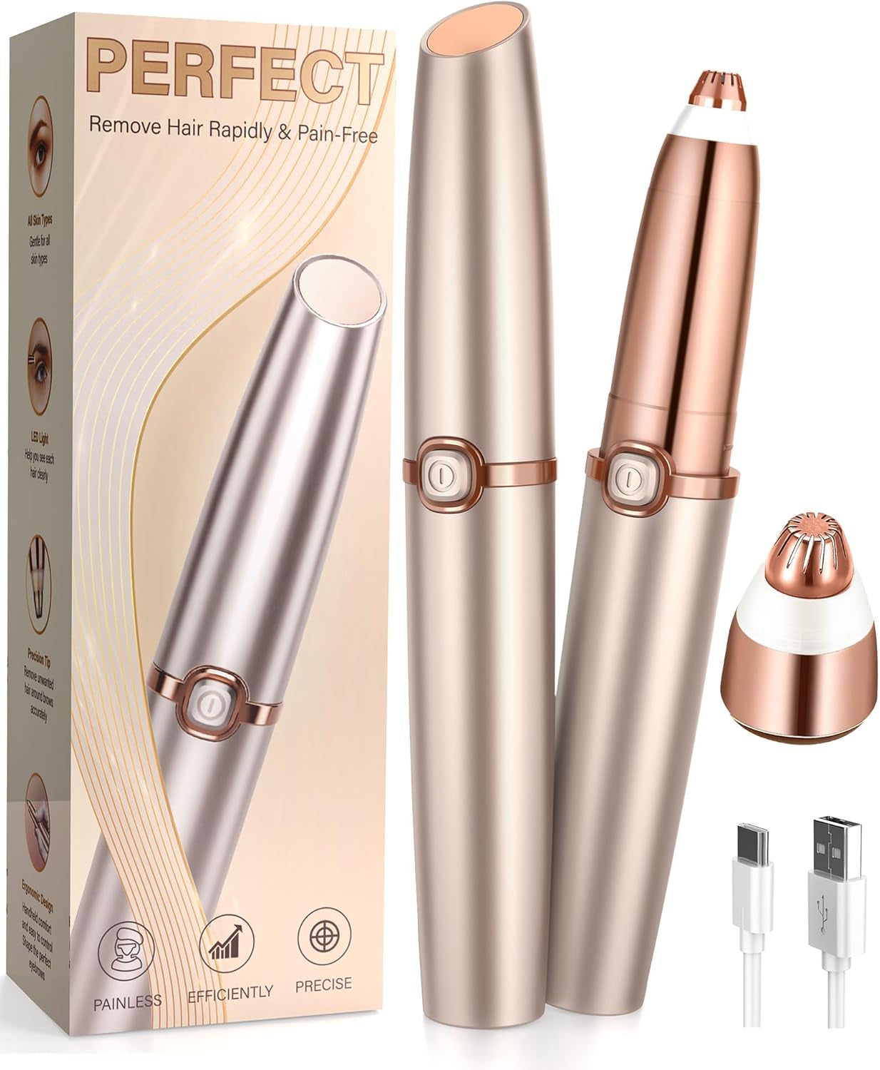 Eyebrow Trimmer for Women, Eyebrow Razor: Rechargeable Eyebrow Hair Remover with 2 Replacement Heads & LED Light, Electric Painless Eye Brow Shaver Facial Hair Removal Device for Eyebrows/Lips/Face